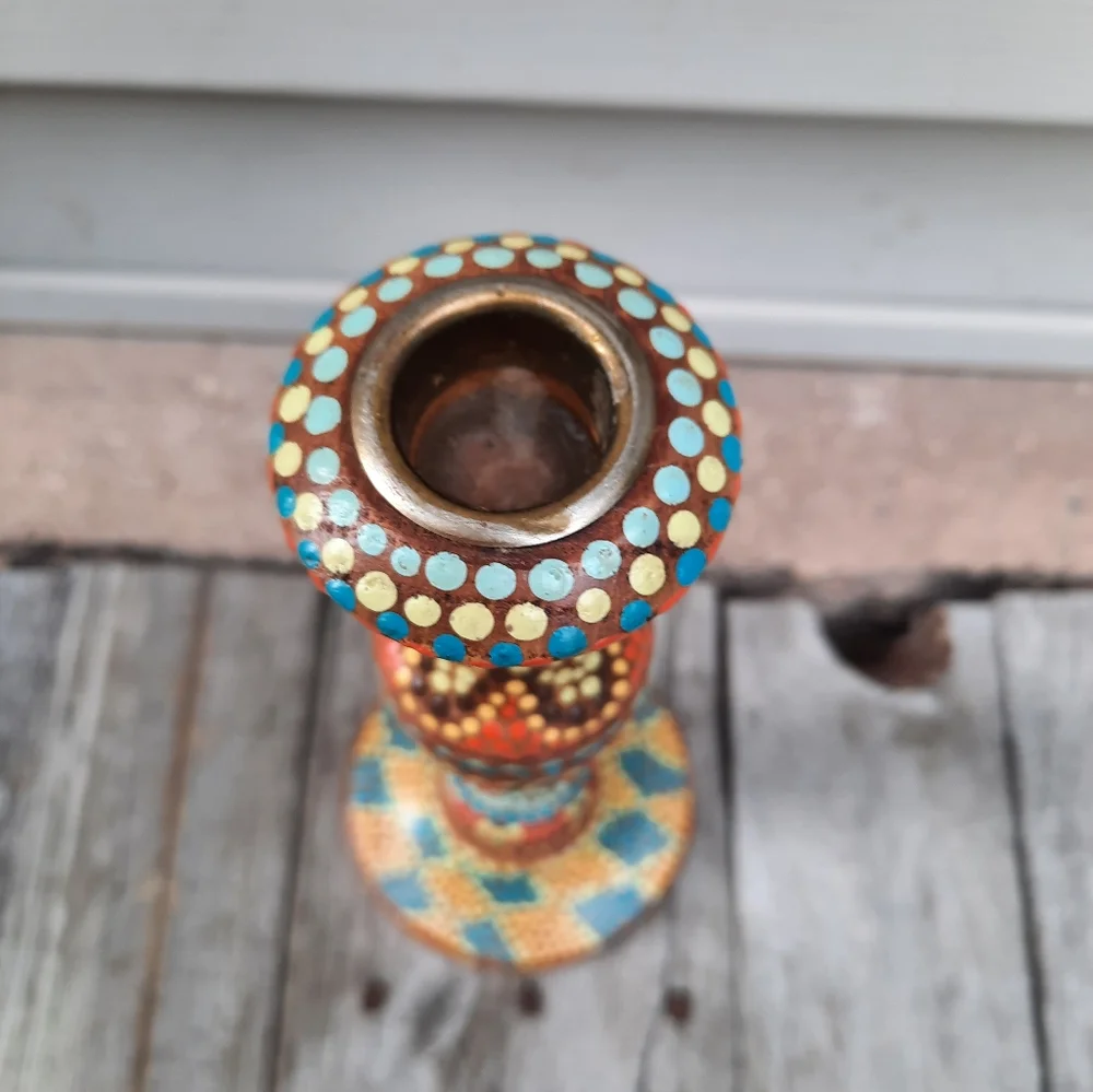 ONE handpainted vtg wood candle holder dot art upcycled